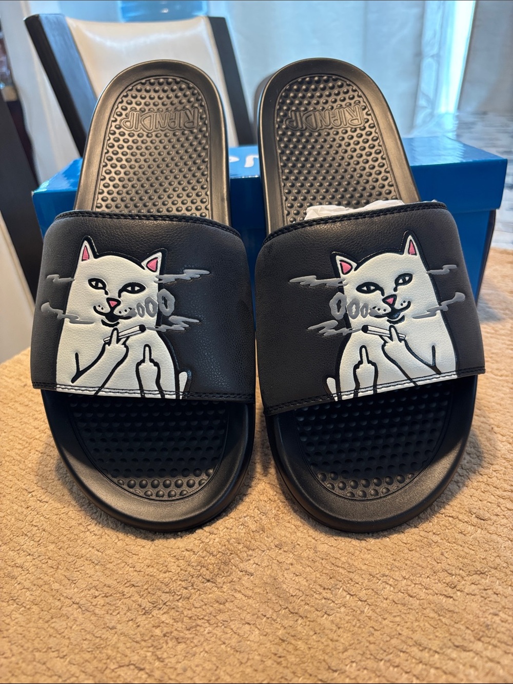 Ripndip Black Slides with White Smoking Cat Graphic